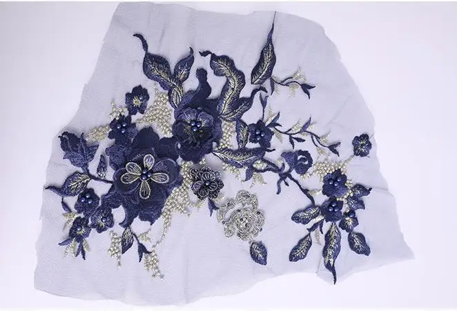 Navy blue 1 шт., фиолетовое, розовое, голубое вышитое бисером 3D свадебное платье, Цветочная кружевная нашивка, одежда для выступлений, кружевные аксессуары для рукоделия, аппликация - Цвет: Navy blue