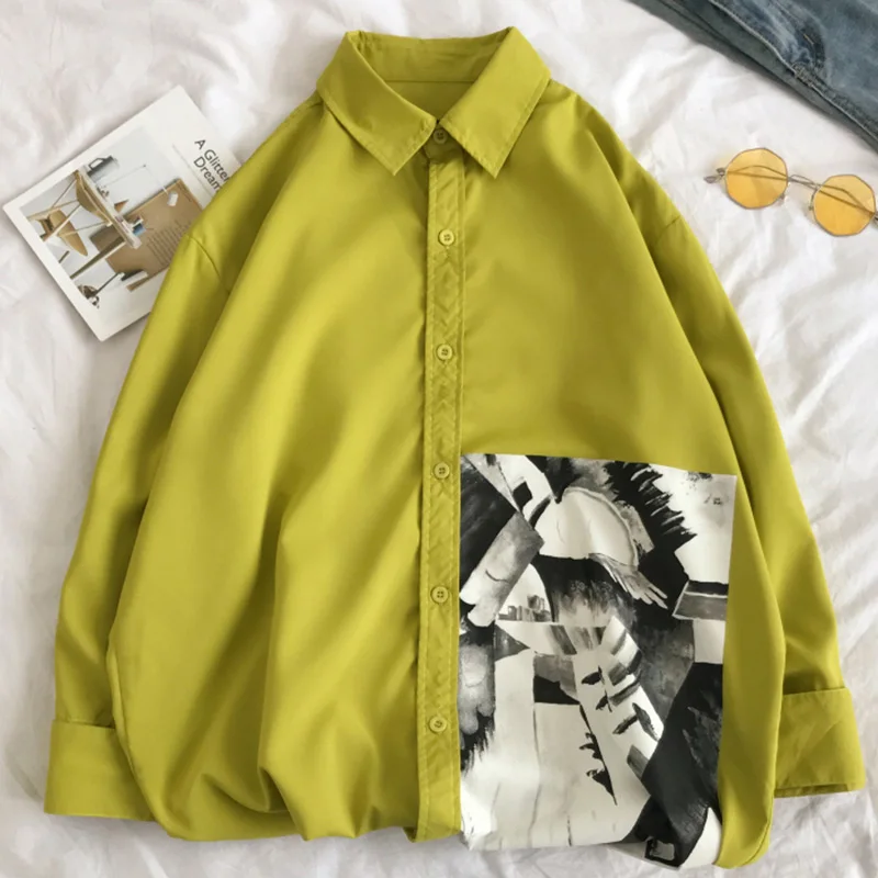 Greenish yellow Мужская рубашка с рукавом три четверти и абстрактным принтом, платье 5xl, осень, хип-хоп Уличная Повседневная рубашка для мужчин CS26 - Цвет: Greenish yellow