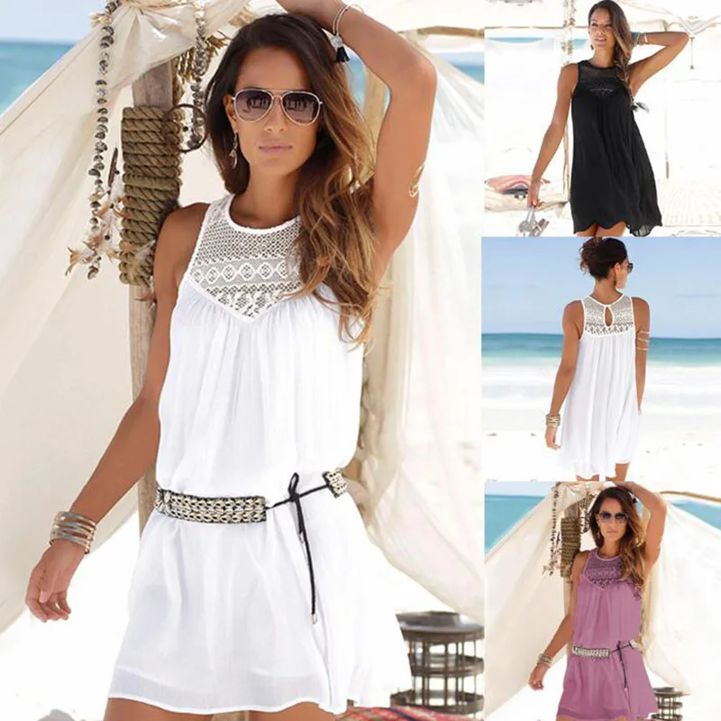 Летнее женское пляжное платье 2019 сексуальное кружевное лоскутное без рукавов