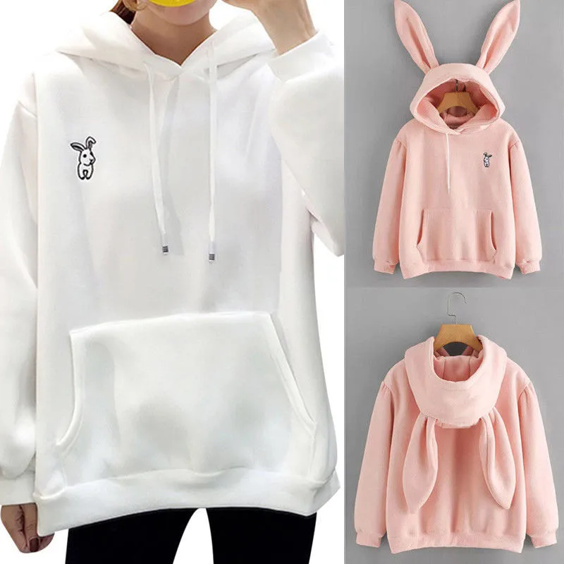 Womens Girls Cute Rabbit Ear Long Sleeve Hoodie Autumn Winter Warm Sweatshirt Ladies Casual Hooded Pullover Tops Coat | Женская одежда