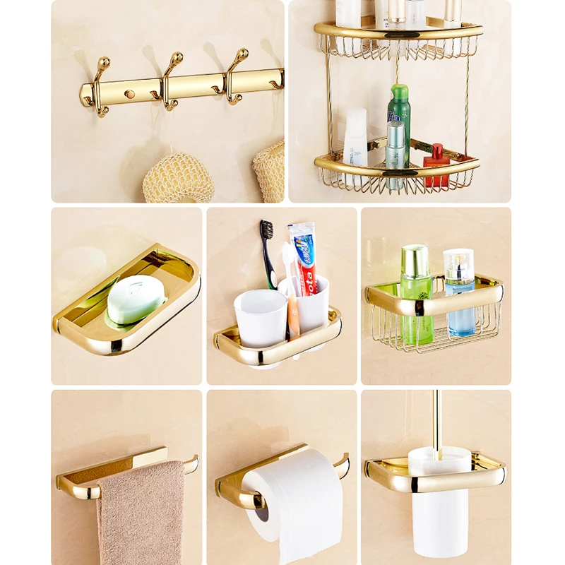 Квадратные золотые наборы аксессуаров для ванной комнаты твердые латунные