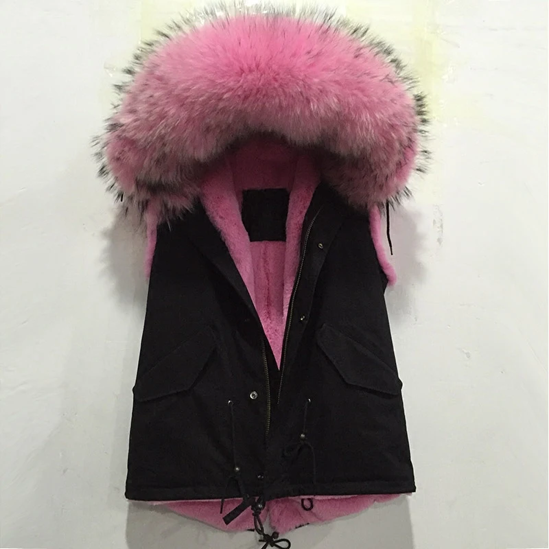 Розовый короткий Стильный жилет с воротником из натурального меха норки зимняя