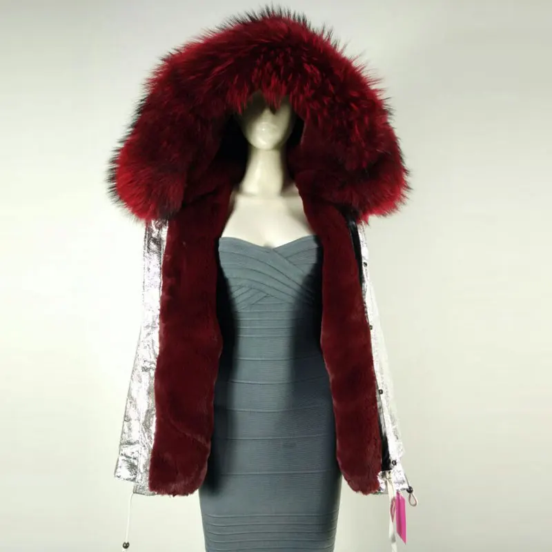 Зимняя и Весенняя Меховая куртка, парки для женщин, серебристая куртка с большим воротником из енота и искусственным мехом внутри