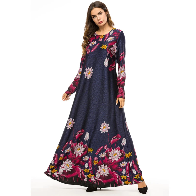 Vestido 2019 ОАЭ кафтан абайя арабское трикотажное хиджаб с цветочным рисунком