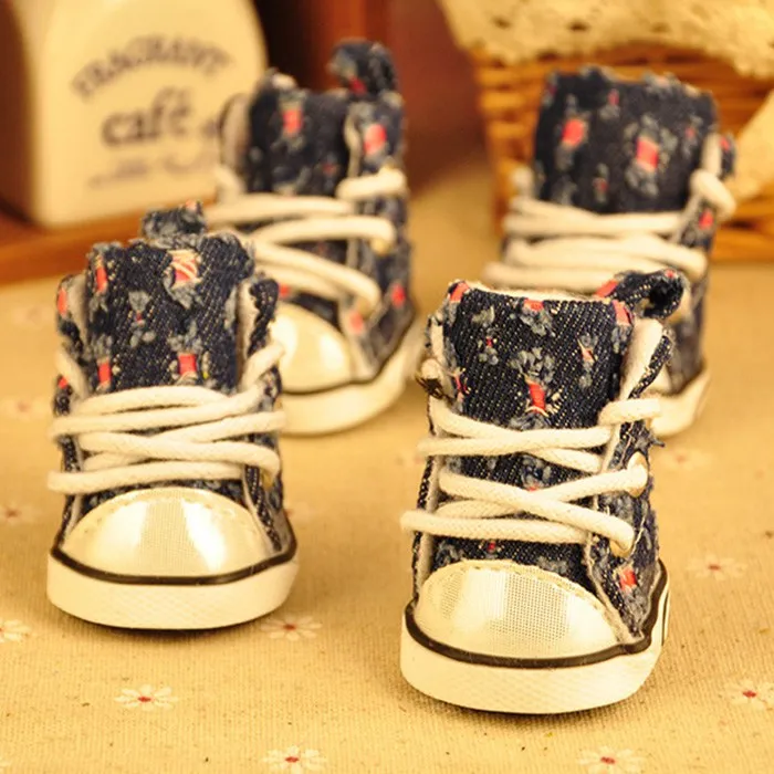Denim red dot 4 шт./партия; сезон осень-зима; уличная теплая джинсовая обувь для собак; парусиновая обувь для щенков; Спортивные Повседневные Нескользящие ботинки для маленьких собак; ZL109-2 - Цвет: Denim red dot
