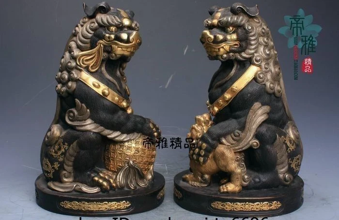 

Китайская Бронзовая Позолоченная серебряная Статуэтка-хранитель Fu Foo Dog Lion Ball