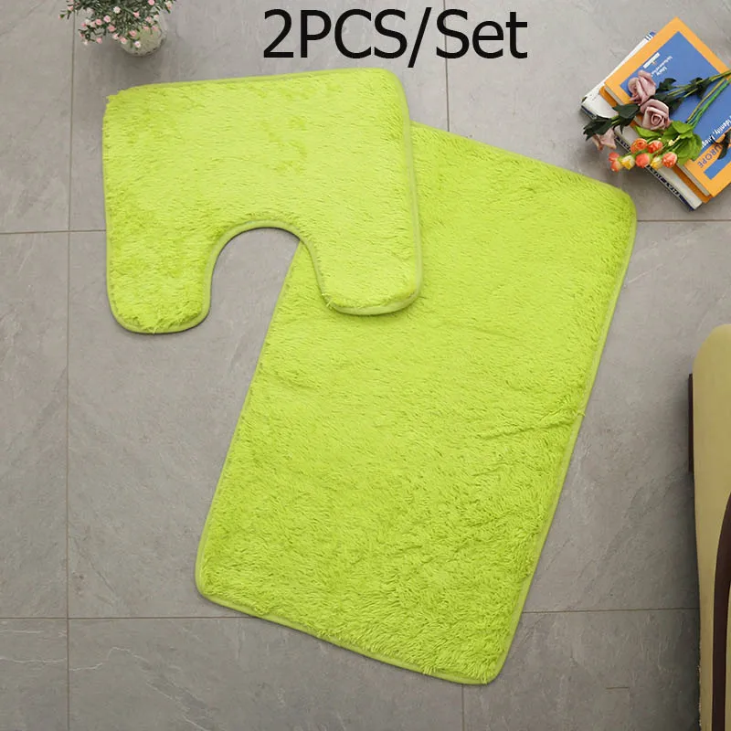 2pcs Green Лохматый Противоскользящий туалетный набор ковриков для ванной коралловый флис абсорбирующий коврик для ванной комнаты стойка для тряпок крышка для унитаза tapis salle de bain - Цвет: 2pcs Green