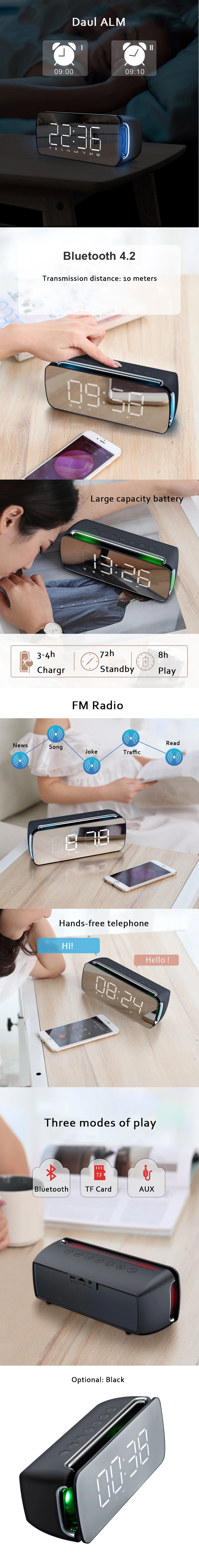 Часы-Будильник с Bluetooth, зеркальные, цифровые, FM радио, despertador, пластиковые электронные часы, настольные, сабвуфер, для дома, для студентов