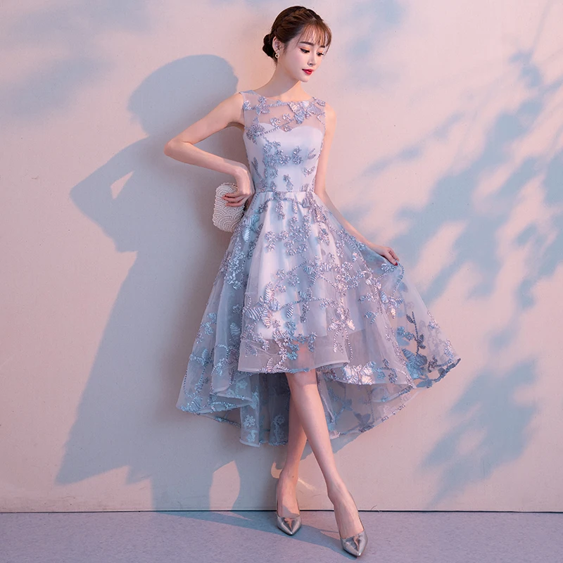 Серебряный Высокие Низкие платья для выпускного вечера 2019 новый без рукавов с