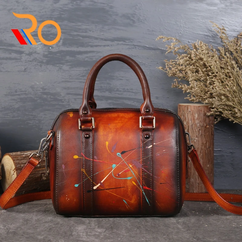 

Women Handbag Genuine Leather Handbag Women's Shoulder Messager Bag Luxury Designer Handbags Lady Handbag Painted Vintage Tote