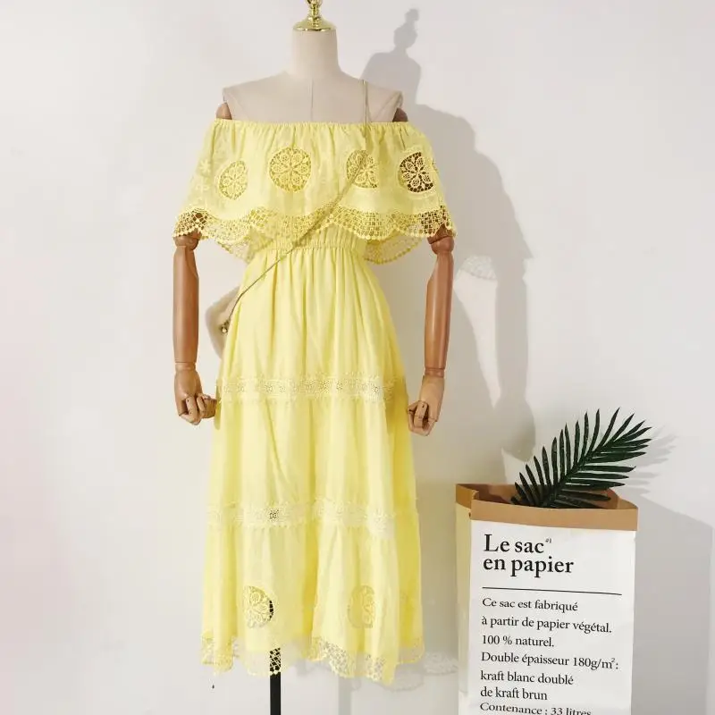 2019 Boho кружева со складками с открытыми плечами женское платье крючком Высокая