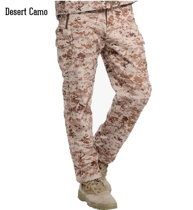 Desert Camo Refire gear зимние акулы кожи мягкая оболочка тактические военные камуфляжные брюки мужские ветрозащитные водонепроницаемые теплые камуфляжные армейские флисовые брюки - Цвет: Desert Camo