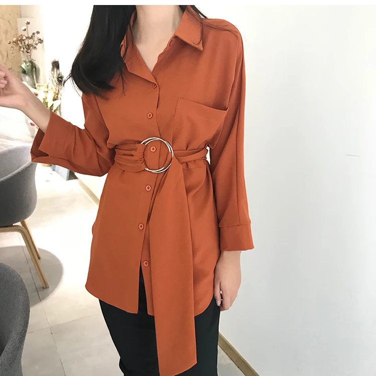 For Women Long Blouses Autumn Springcasual Buttons Women's Elegant Lace-Up Equipped Waist Retro Tops |