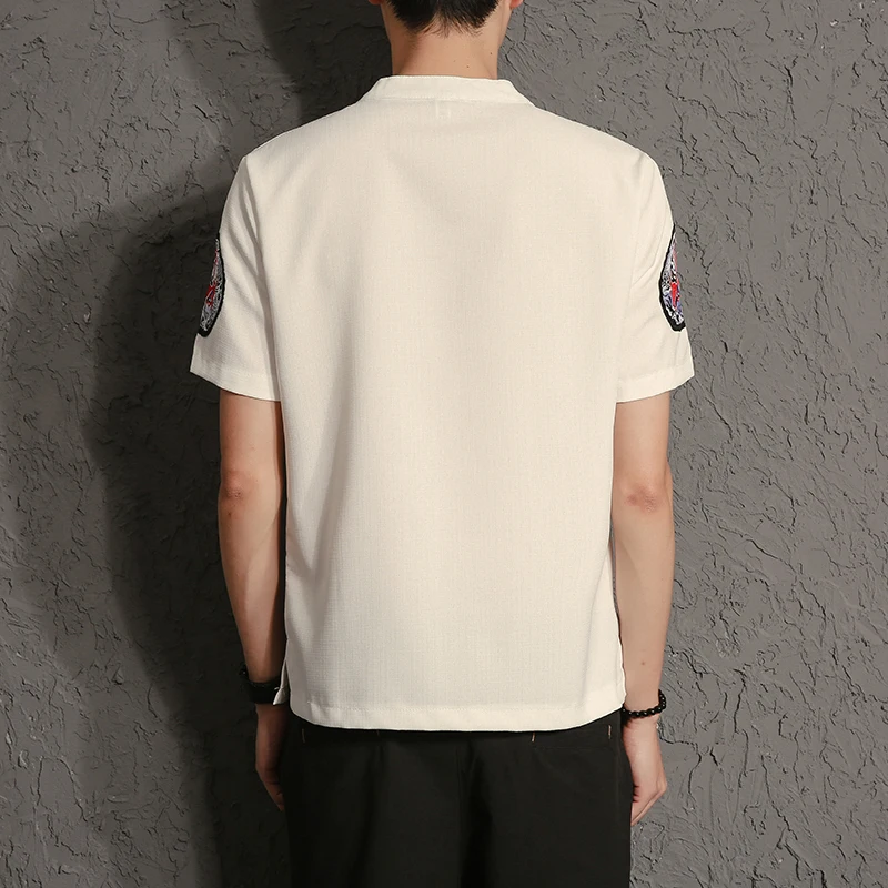 Мужская льняная футболка с короткими рукавами и вышивкой в китайском стиле на