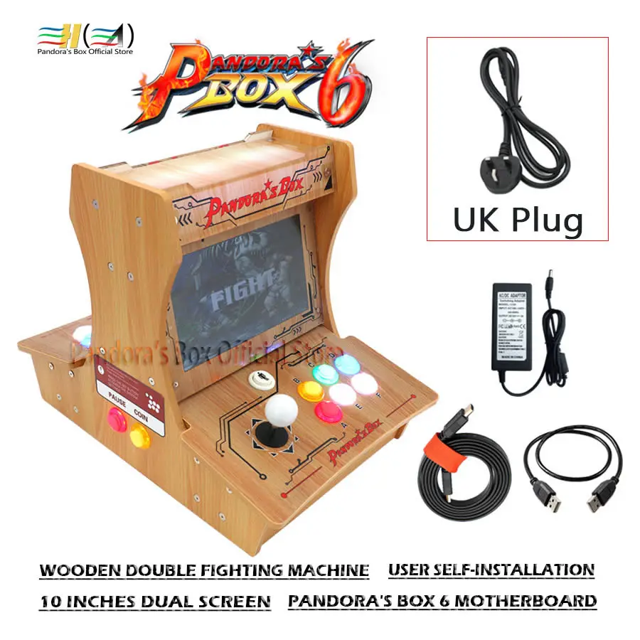 pb6 arcade UK plug Ящик Pandora 6 деревянный двойной Боевая машина 10 дюйм(ов) двойной экран пользователь самоустановка DIY Мини бартоп аркадная машина - Цвет: pb6 arcade UK plug