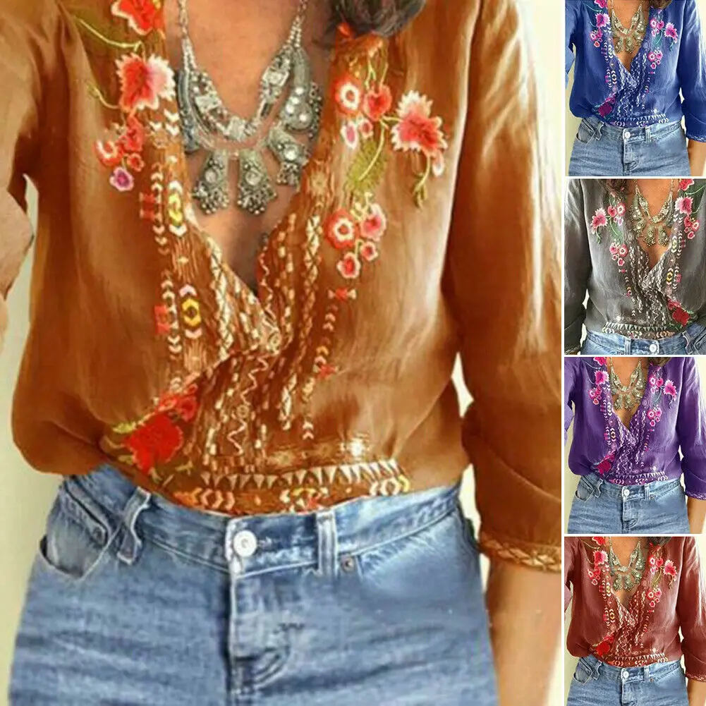 Новинка хит продаж большие размеры Boho женские летние топы с цветочной вышивкой