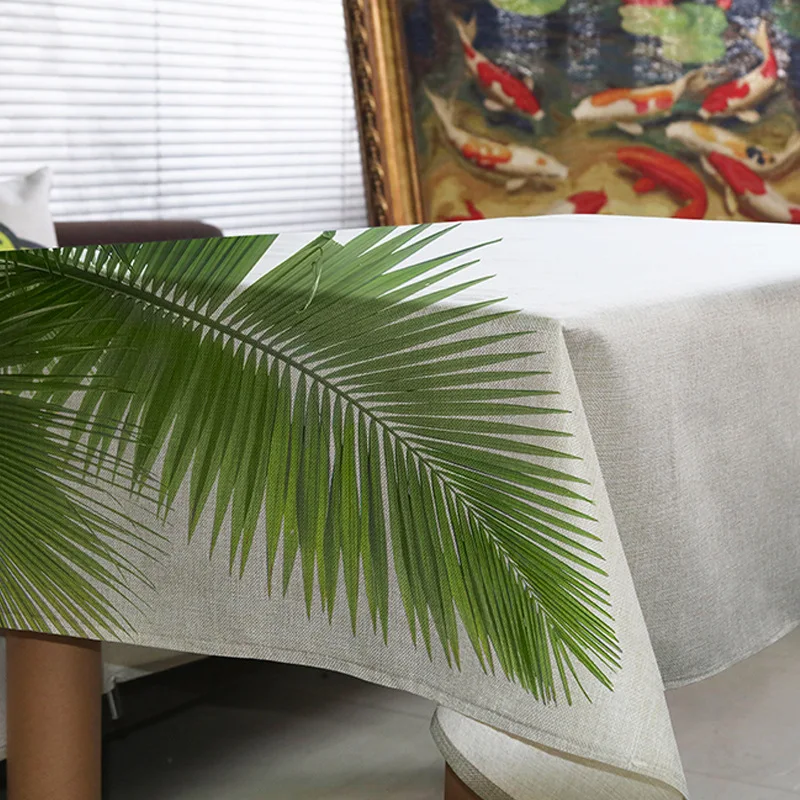 Зеленая прямоугольная скатерть полиэстер тропические растительные листья