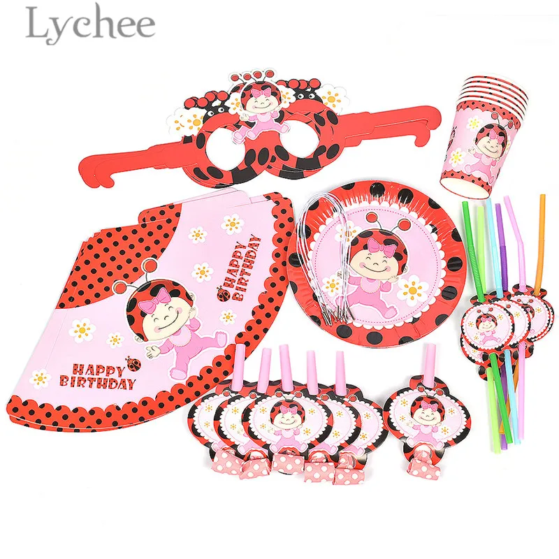 Lychee 36 шт. набор посуды с рисунком божьей коровки для вечеринки синяя и розовая