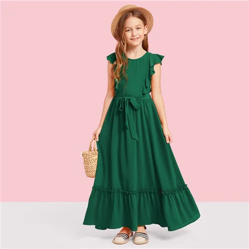 SHEIN Kiddie/Бордовое платье на молнии с рюшами сзади для девочек-подростков; вечерние платья макси для девочек; коллекция года; сезон лето; зеленое платье трапециевидной формы без рукавов для девочек - Цвет: Зеленый