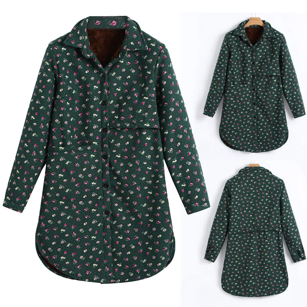 JAYCOSIN High Quality Women Cotton Linen Winter Warm Plus Velvet Coat Folk-Custom Green Print Outcoat Jacket | Женская одежда