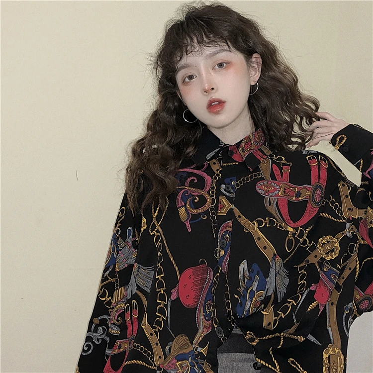 Korobov Harajuku женская блузка Ulzzang с мультяшным принтом женская рубашка уличная Свободная Повседневная с длинным рукавом Mujer Blusas 77284