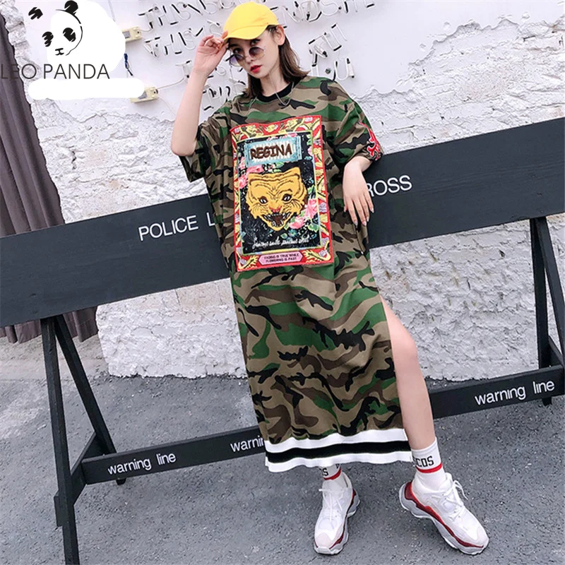 2019 Fashion Embroidery Camouflage Short sleeve T shirt women Spring Summer New Loose O-Neck Tops Long Tshirt Womens Streetwear | Женская