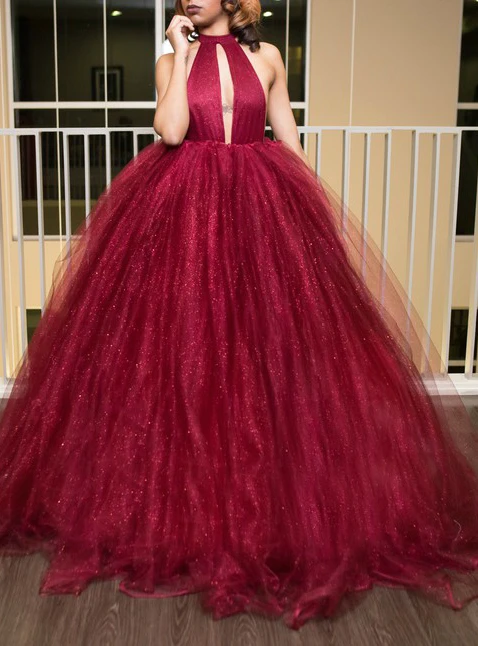 

Burgundy Halter Quinceanera Dresses Sequin Sexy Backless Ball Gown 2019 Prom Tulle Sleeveless Floor Length Vestidos De 15 Anos
