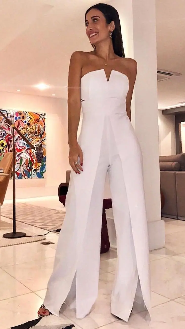 Женские прямые брюки без бретелек элегантные белые облегающие с глубоким