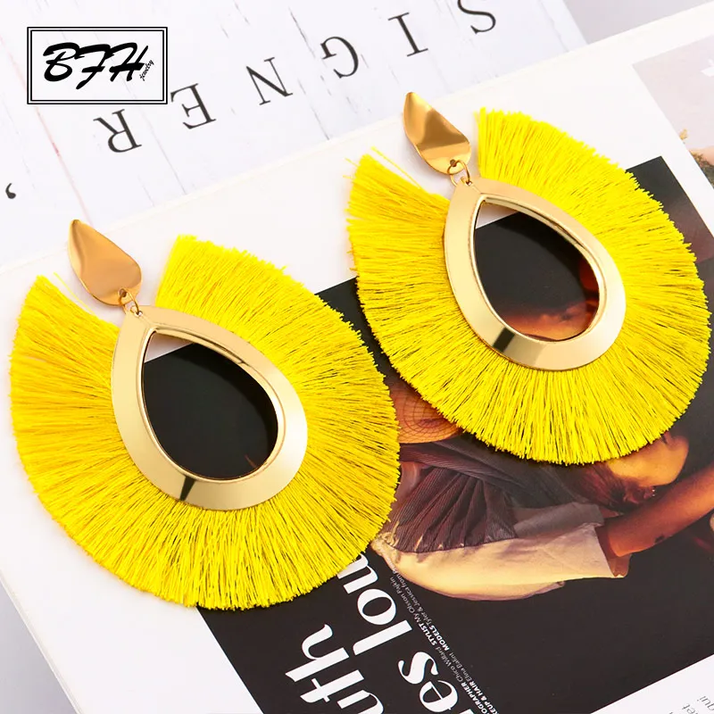 Yellow BFH Bohemian Big Drop Earrings for Women Lady Female Fringe Handmade Brincos Large Fashion Woman Tassel Earring Jewelry - Окраска металла: Yellow