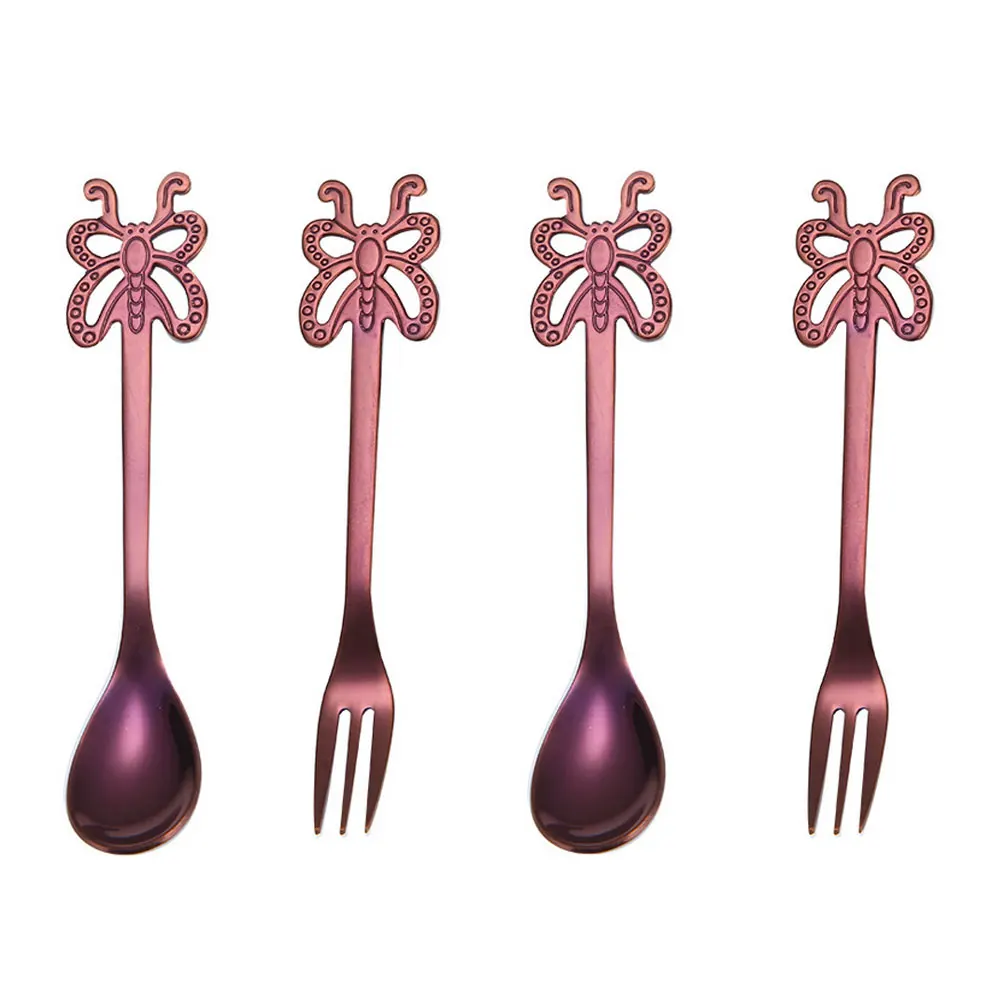 Purple Spoon Fork 4 шт., в форме бабочки кофейные ложки Десертные Вилки для фруктов из нержавеющей стали салатные вилки для закуски перемешивание ложки для сахара набор чайных ложек - Цвет: Purple Spoon Fork