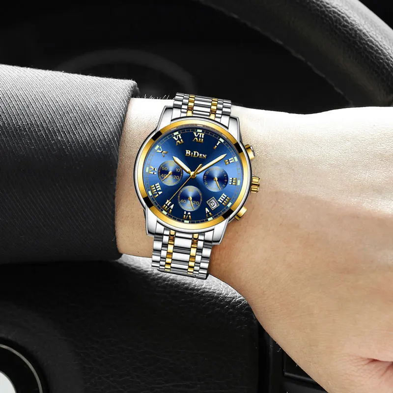 Мужские кварцевые часы BIDEN водонепроницаемые светящиеся с календарем|Кварцевые