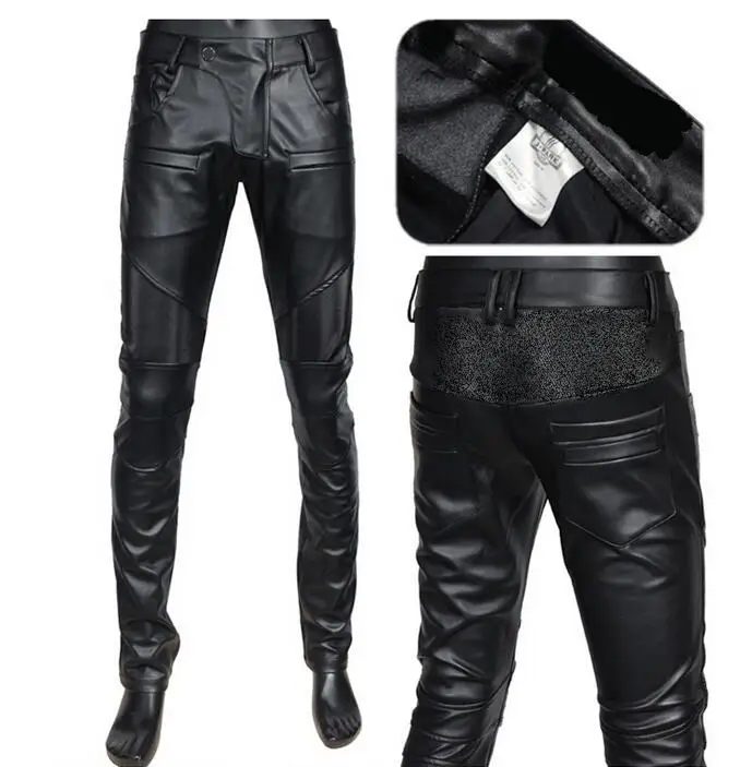 2020 men's clothing warm mens motorcycle leather pants tidal current male slim black faux leather trousers mens fashion black