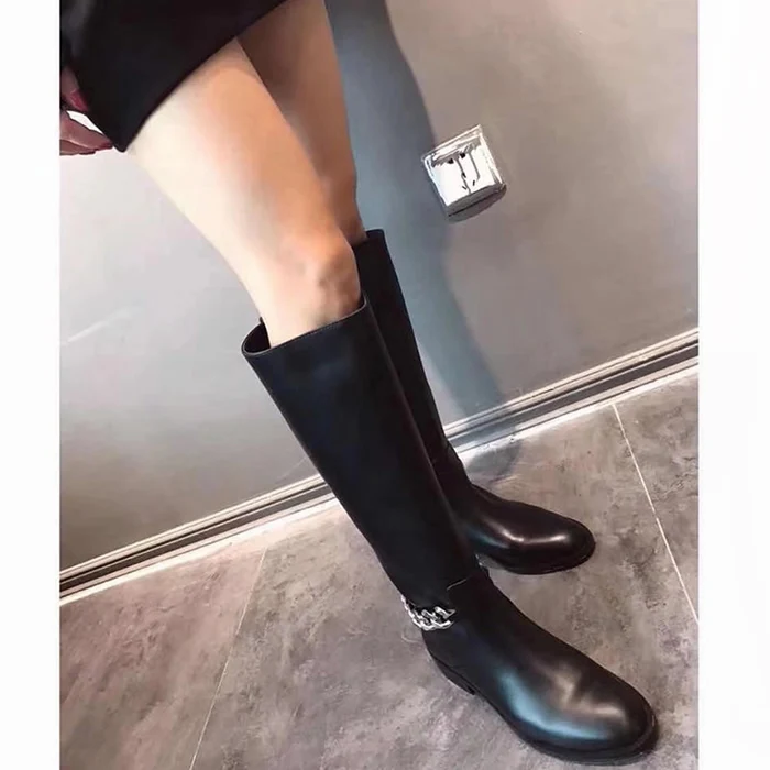 Newest Real Leather Black Motorcycle Boots Woman Round Toe Silver Chain Knee High Boots Women Fashion Shoes zapatos mujer 35-41