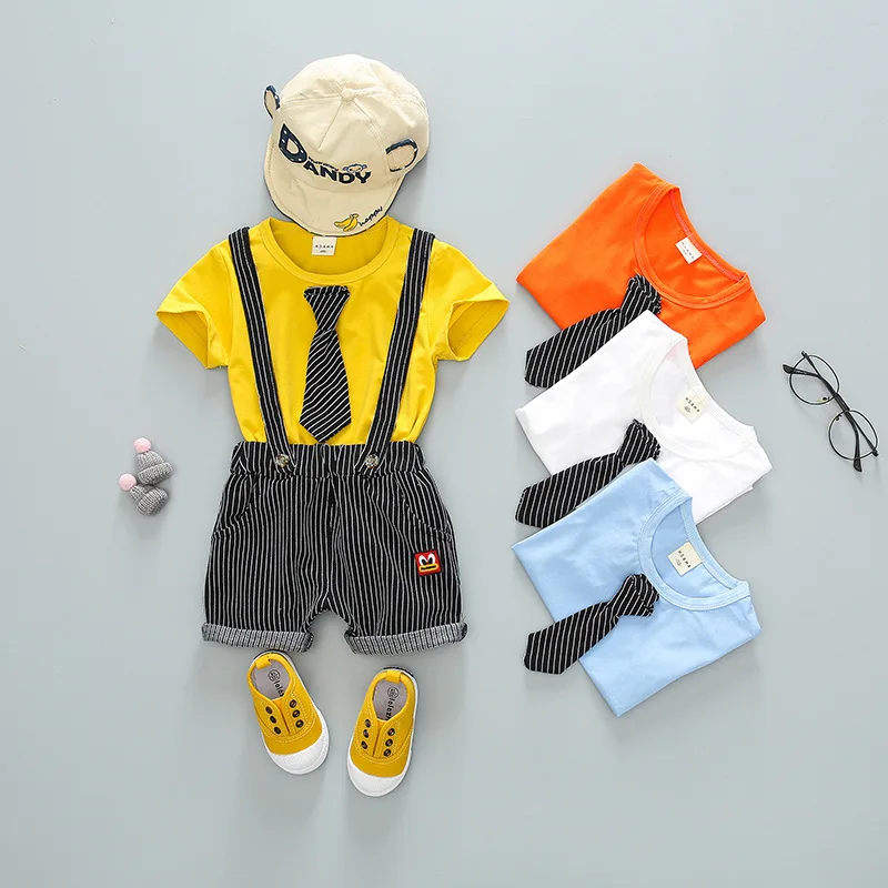 

Boys Summer Cute Striped Strap Short Sleeve Shorts Suit New Gentleman Clothes 2pcs Shirt + Shorts Set Baby Boys Party Clothing