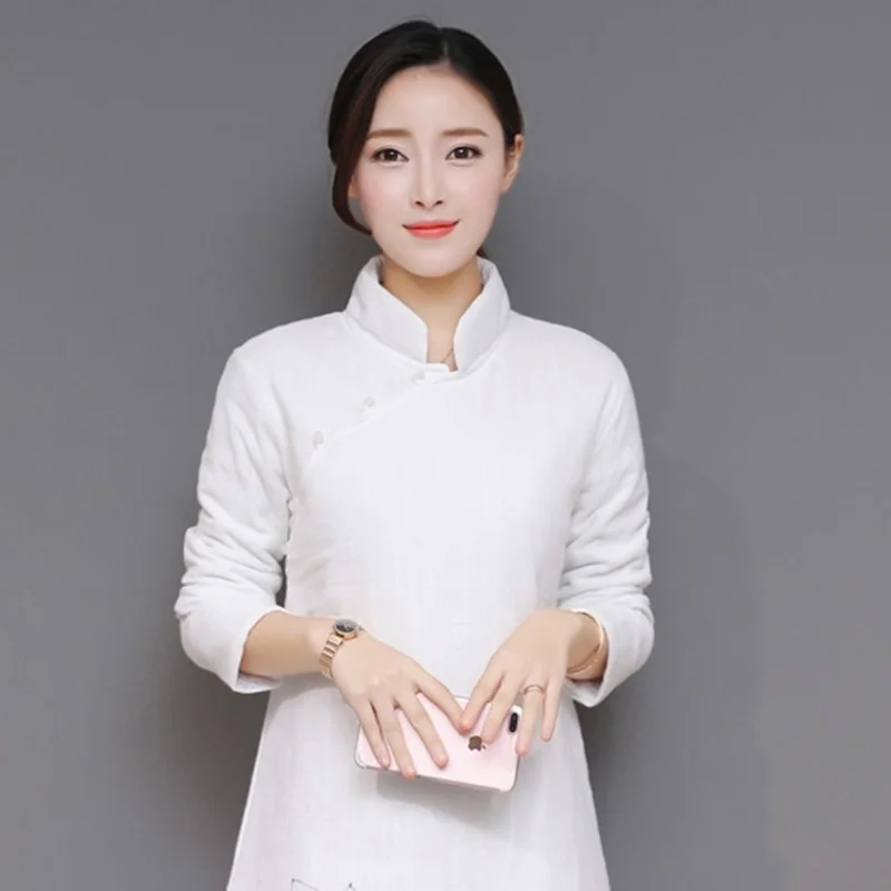 Dress Chinese Style Winter Dresses Women 2019 White Ink Painting Warm Quilted Cheongsam Retro National Ladies TA1259 | Тематическая