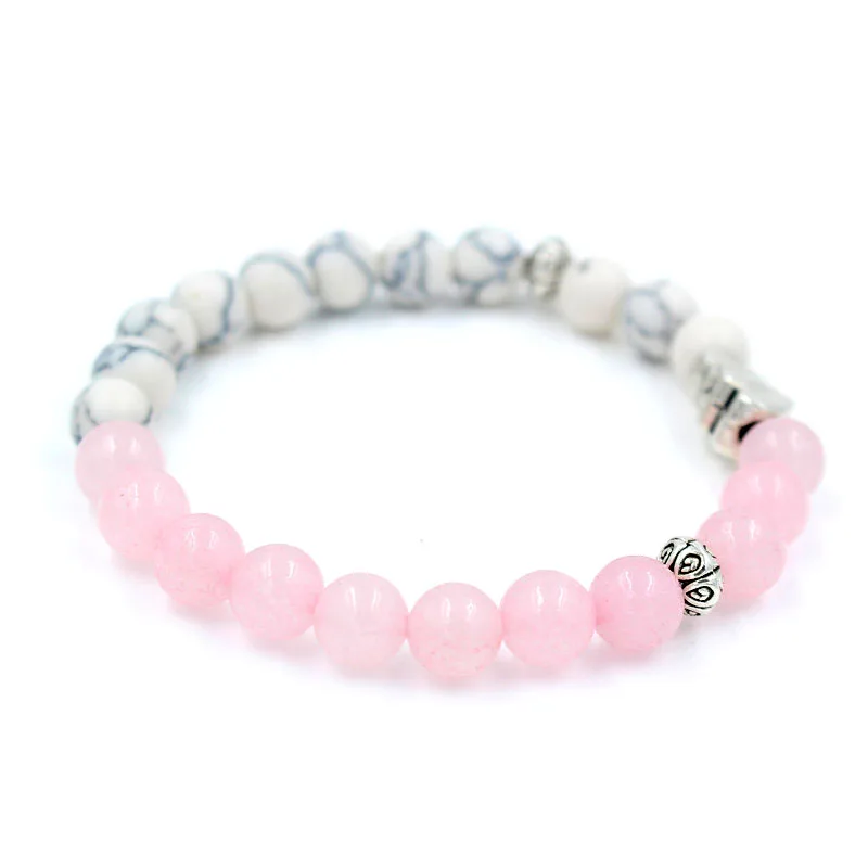 

Unique Natural Pink Quartz & White Howlite Stone Bead Heart Charm Elastic Yoga Bracelet & Bangle Jewelry for Women Girl