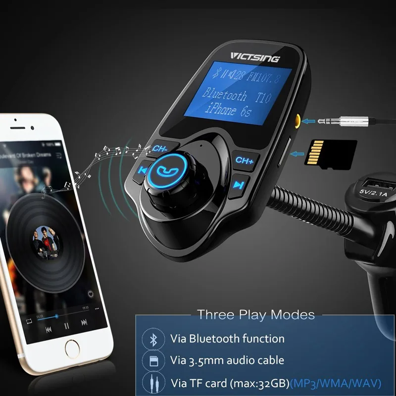 Беспроводной автомобильный радиоприемник VicTsing Bluetooth fm передатчик mp3 плеер