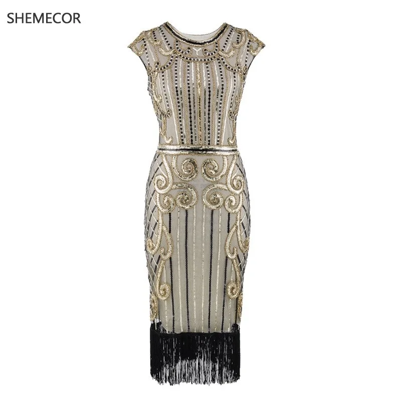 SHEMECOR 1920s Great Gatsby винтажные платья, расшитые блестками и бисером, с круглым вырезом, темно-зеленые, с бахромой, с кисточками, с шипами, шикарные платья, вечерние, для клубных танцев
