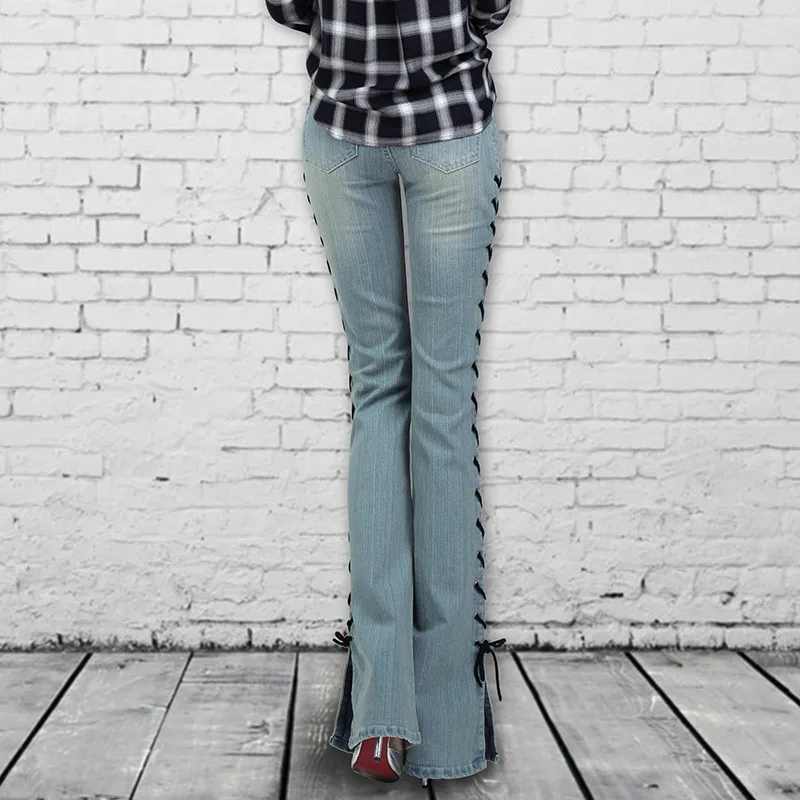 Женские джинсы с завышенной талией облегающие длинные брюки высокой и разрезом