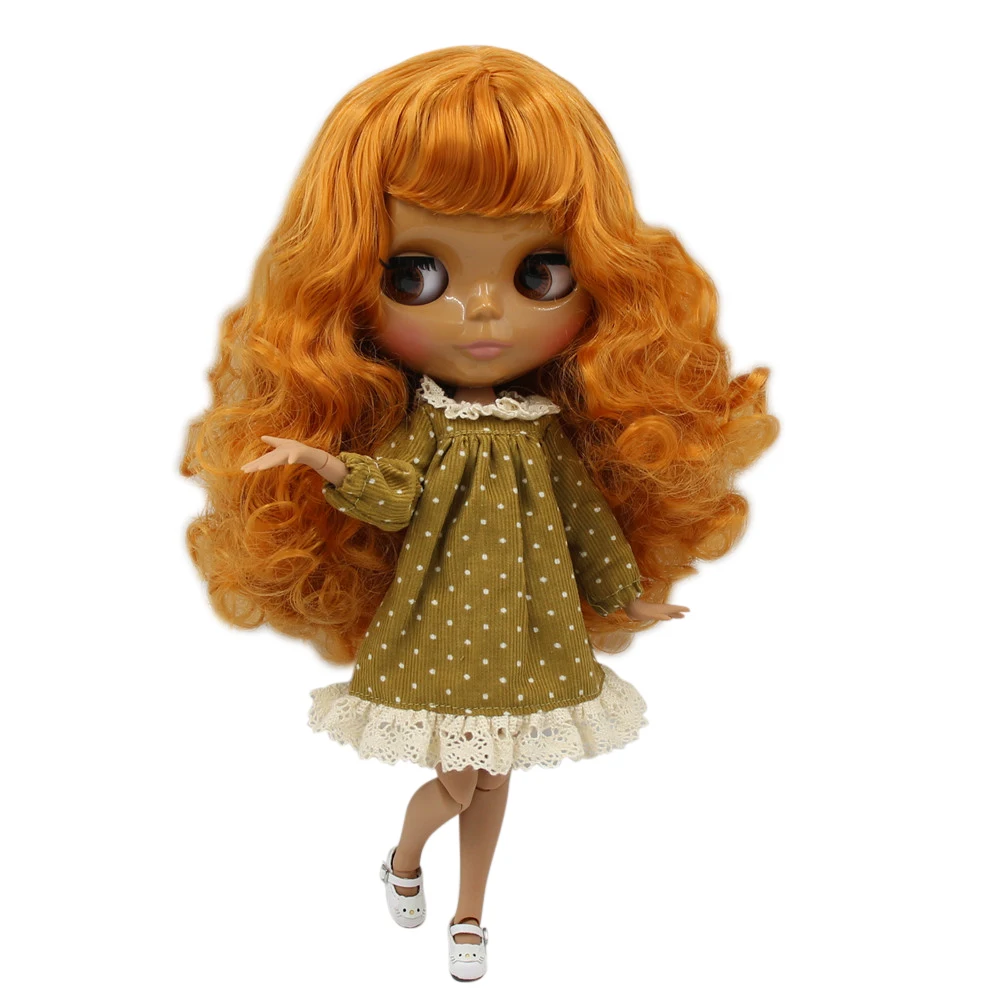 Кукла Blyth ICY DBS с темной кожей оранжевыми вьющимися волосами и глянцевым лицом