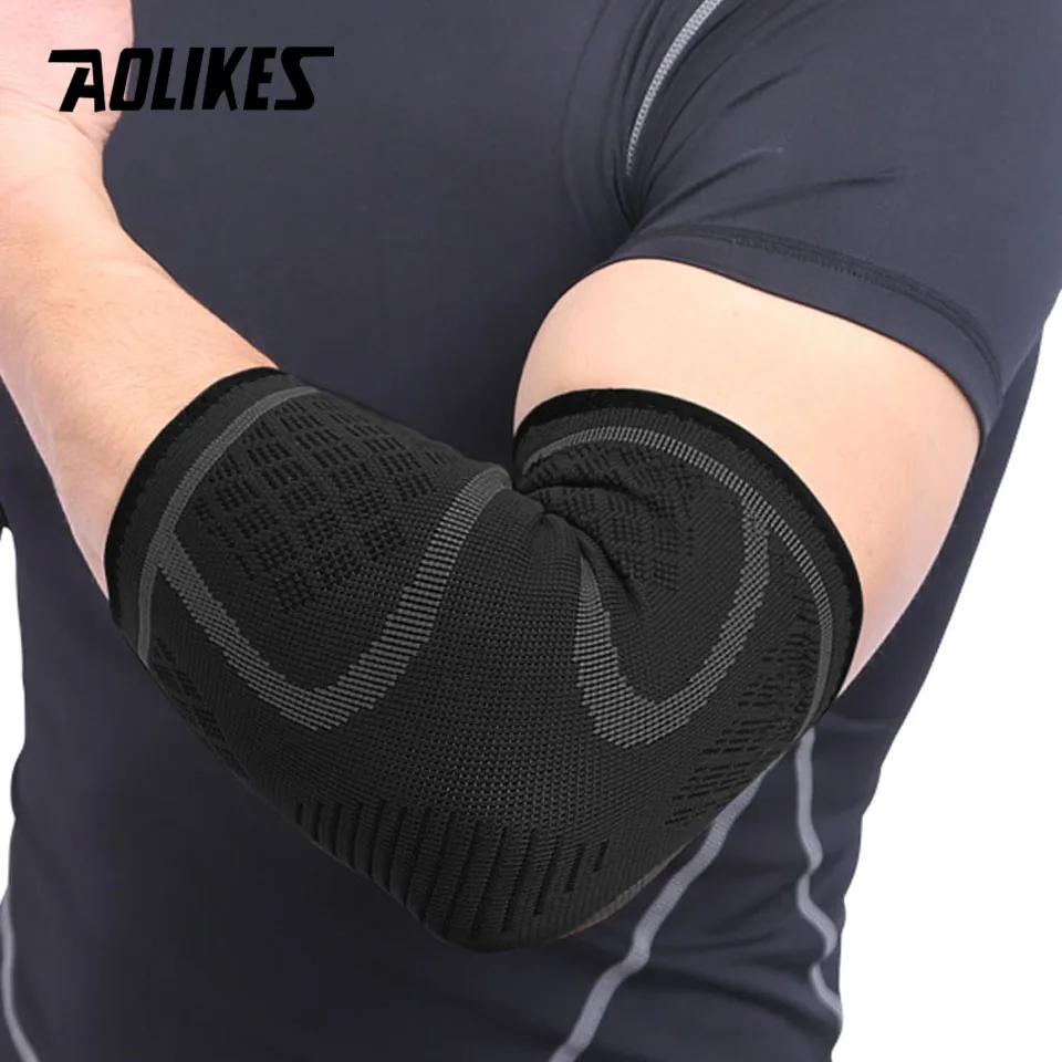 Black wigh Grey AOLIKES 1 пара эластичных налокотников для баскетбола, тенниса, налокотники для поддержки, защитное снаряжение, дышащие налокотники, спортивные защитные аксессуары - Цвет: Black wigh Grey