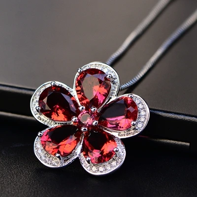 necklace PANSYSEN, классический цветок, S925 серебро, вечерние Ювелирные наборы для женщин, красный рубин, драгоценный камень, свадебная подвеска, ожерелье, серьги, кольца, наборы - Цвет камня: necklace