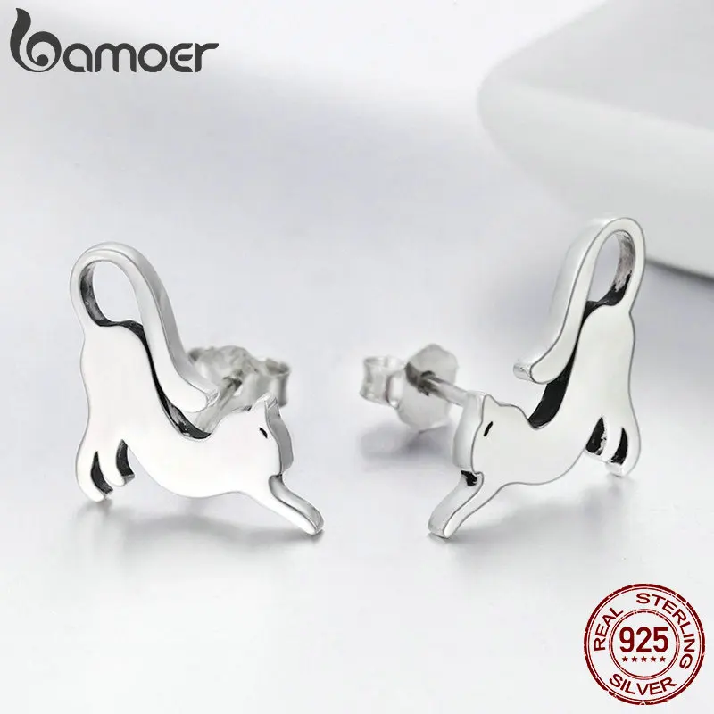 BAMOER, Настоящее серебро 925 пробы, милый кот, хвост киски, маленькие серьги-гвоздики для женщин, Стерлинговое Серебро, ювелирное изделие SCE366