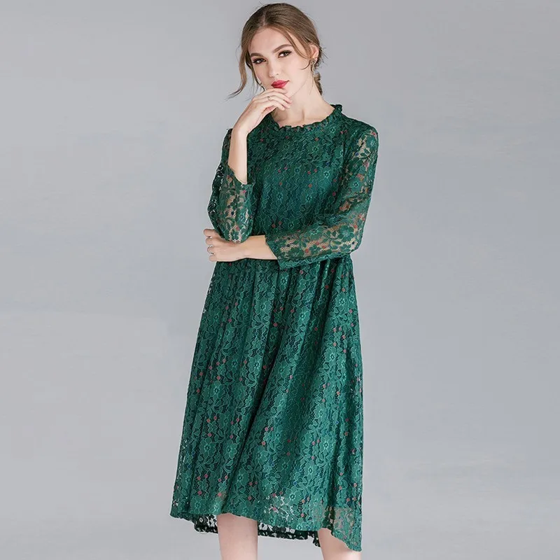 XL, XXL, XXXL, 4XL размера плюс, кружевное платье, женское, на шнуровке, с длинным рукавом, свободное, ТРАПЕЦИЕВИДНОЕ ПЛАТЬЕ, элегантное, в горошек, с принтом, вечерние, миди, розовое, зеленое - Цвет: Зеленый