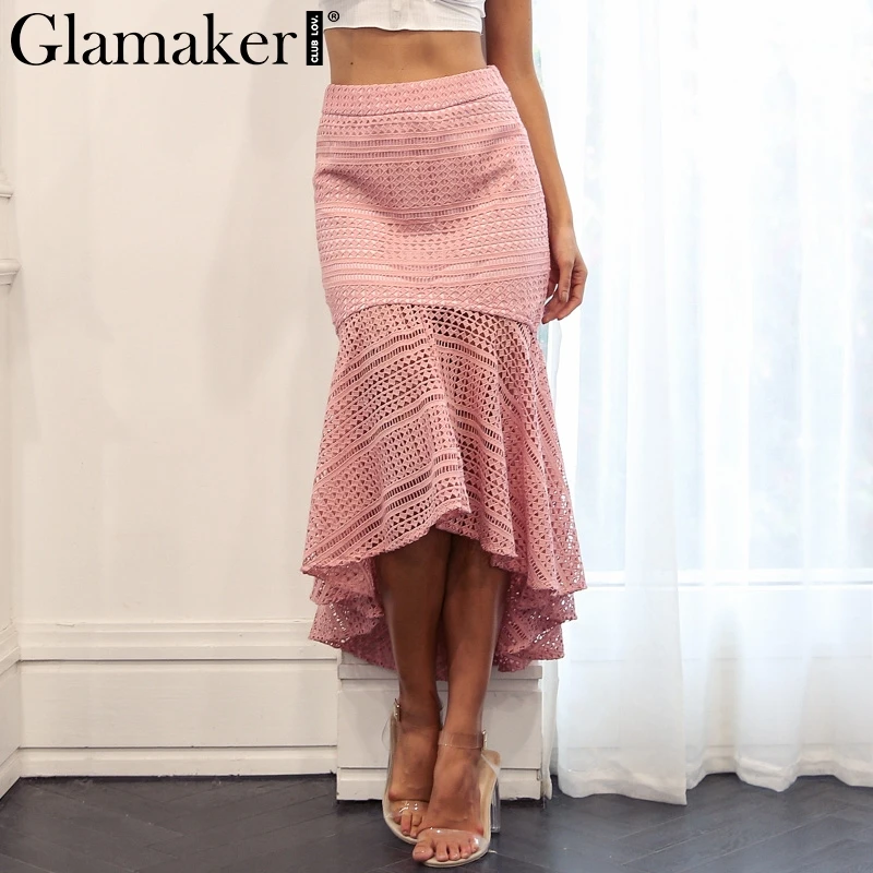 Glamaker, элегантная, однотонная, кружевная, длинная юбка, для женщин, сексуальная, открытая, асимметричная, Русалка, юбка, для женщин, летняя, облегающая, макси, юбка, вечерние