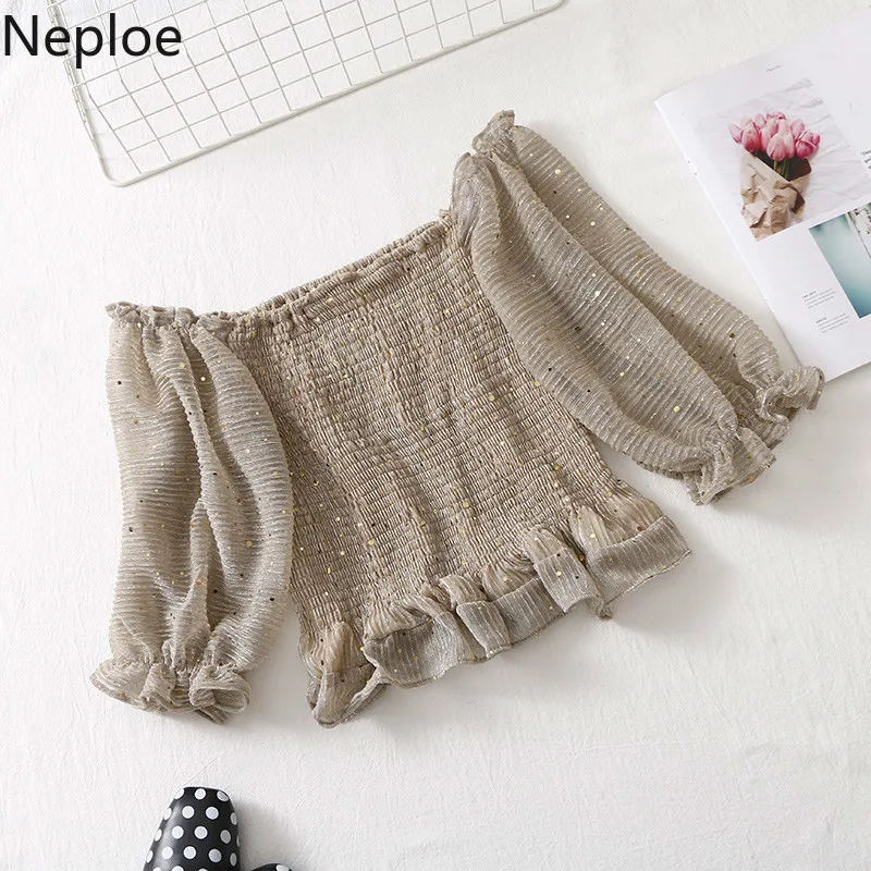 Neploe Sequined Women Tops Summer 2019 Fashion Slash Neck Lantern Sleeve Blouse Slim Waist Ruffles Ladies Blusa 44158 |