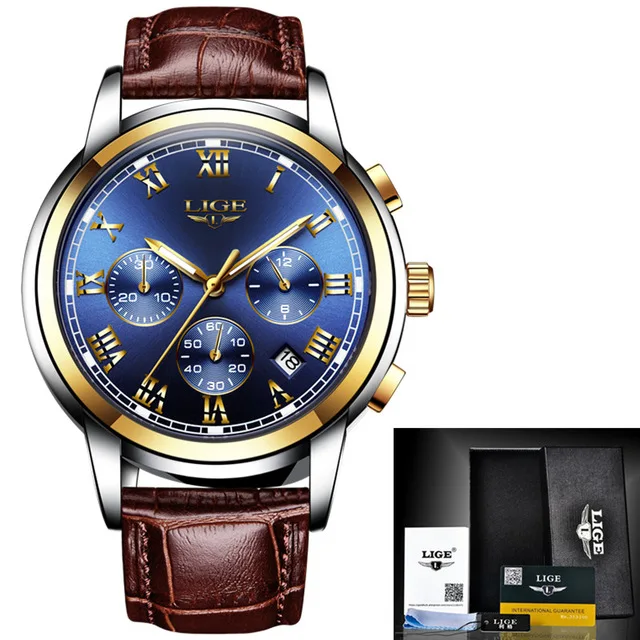 gold blue leather Новые мужские часы люксовый бренд LIGE Хронограф Мужские спортивные часы водонепроницаемые кварцевые мужские часы из полной стали Relogio Masculino - Цвет: gold blue leather