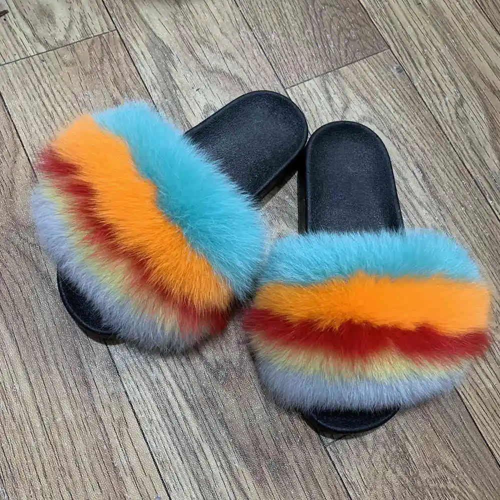 15 CCFUR New Colors Summer Slides Women's Real Fox Fur Slippers Fluffy Fur Sliders Mixed Color Fashion Lady S6048 - Цвет: 15
