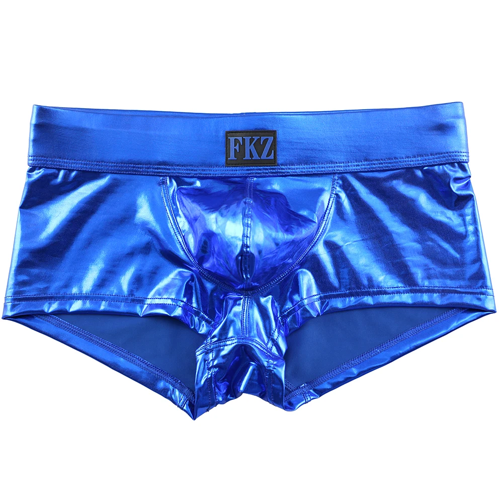 Blue Men Boxer Shorts Sexy Male Low Rise PU Leather U Bulge Underwear Gay Party Club Boxers Shorts Bikini Underpants Cueca - Цвет: Blue