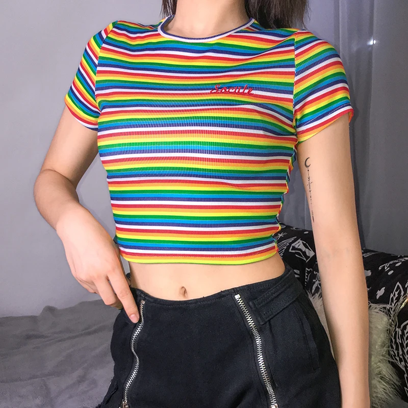 Weekeep Cropped Bodycon Stripped O-neck Short Sleeve tshirt Women Summer Streetwear t shirt Sexy Bodycon Crop Top